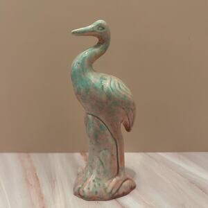Vintage Ceramic Crane Figurine — Turquoise & Pink Glaze, Mid Century Modern MCM